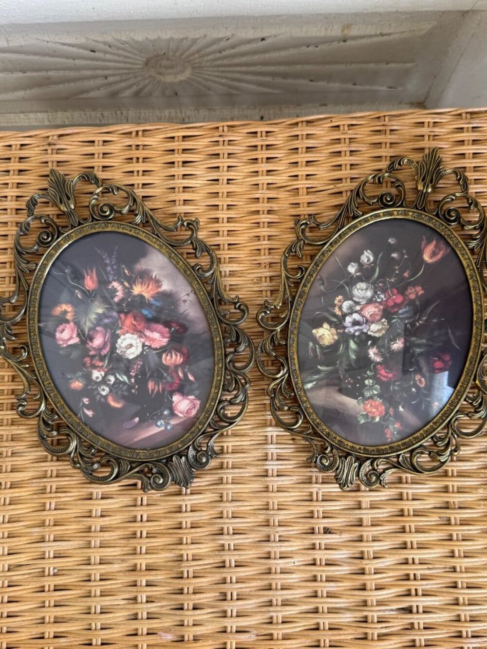 Vintage 1960s Pair Italian Metal Frame Convex Glass Floral Prints 7x10"